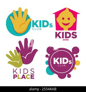 Miniclub con intrattenimenti, emblemi promozionali luminosi, cartoni animati isolati, illustrazione vettoriale piatta su sfondo bianco. Logotipi di zona per bambini con mani umane, facce divertenti e mezza luna.. Posto per bambini con intrattenimenti emblemi promozionali luminosi set di cartoni animati isolati immagine vettoriale piatta su sfondo bianco Illustrazione Vettoriale