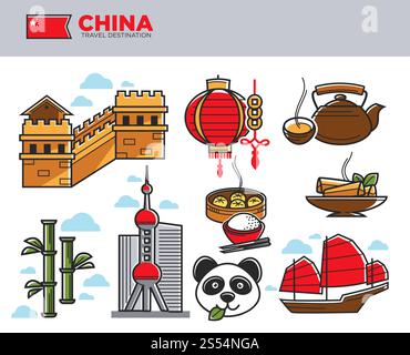 I luoghi di interesse della Cina e i famosi simboli della cultura cinese. Bandiera cinese vettoriale o lanterna di carta, grande muro di Pechino o panda su bambù, torre della TV di Shanghai, cibo per spaghetti o riso, set di icone di tè verde. I luoghi di interesse della Cina e la cultura cinese insieme di famosi simboli vettoriali Illustrazione Vettoriale
