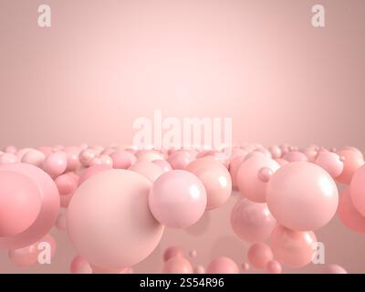 Bolle e sfere rosa che volano e fluttuano su sfondo di carta rosa in studio. rendering 3d. Utilizzare l'immagine nell'intrattenimento, nella moda e nei cosmetici Foto Stock