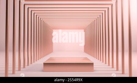 Scena astratta con palco quadrato dorato, podio o piedistallo su sfondo rosa in un tunnel di forme dorate. Illustrazione 3D. Sfondo per Foto Stock