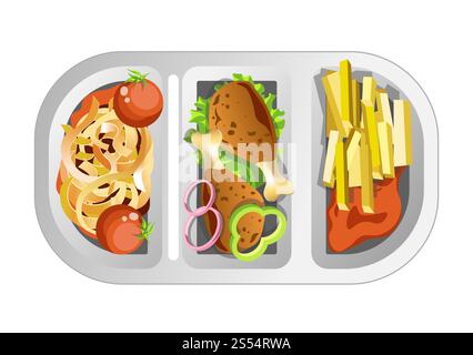 Pranzo complesso in piatto di plastica composto da fastfood. Anelli di cipolla con pomodori sottaceto, cosce di pollo fritte e patatine fritte con cartoni animati isolati a base di ketchup. Pranzo complesso in piatto di plastica composto da fastfood Illustrazione Vettoriale
