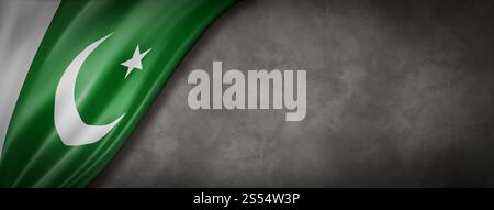 Bandiera pakistana su un muro di cemento. Striscione panoramico orizzontale. Illustrazione 3D. Bandiera pakistana su striscione da parete in cemento Foto Stock