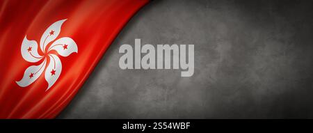 Bandiera di Hong Kong sul muro di cemento. Striscione panoramico orizzontale. Illustrazione 3D. Bandiera di Hong Kong sullo striscione di cemento Foto Stock