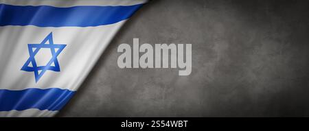 Bandiera di Israele su un muro di cemento. Striscione panoramico orizzontale. Illustrazione 3D. Bandiera israeliana su bandiera di cemento Foto Stock