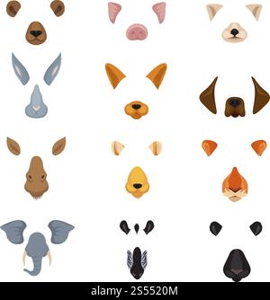Simpatici volti di animali per l'app di grafico video del telefono. Set vettoriale di animali cartoni animati orecchie e nasi. Faccia animale e divertente illustrazione maschera effetto. Simpatici volti di animali per l'app di grafico video del telefono. Set vettoriale di animali cartoni animati orecchie e nasi Illustrazione Vettoriale