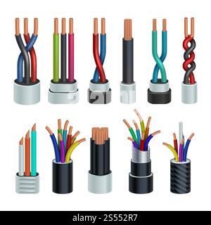 Cavi industriali elettrici realistici, set vettoriale di fili elettrici in rame isolato. Illustrazione di filo in rame, cavo elettrico. Cavi industriali elettrici realistici, set vettoriale di fili elettrici in rame isolato Illustrazione Vettoriale