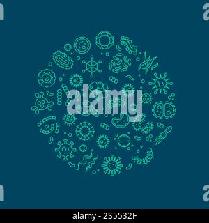 Microbi, virus, batteri, cellule di microrganismi e concetto di vettore di linea di organismi primitivi. Cellula virale e microbo, organismo batterico, illustrazione microscopica medica. Microbi, virus, batteri, cellule di microrganismi e concetto di vettore di linea di organismi primitivi Illustrazione Vettoriale