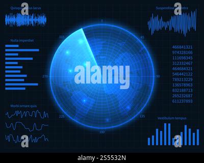 Radar blu militare. Interfaccia HUD con sonar, grafici ed elementi di controllo. Schermata vettoriale del display virtuale. Illustrazione del radar dello schermo del sonar, dell'interfaccia del monitor di navigazione. Radar blu militare. Interfaccia HUD con sonar, grafici ed elementi di controllo. Schermata vettoriale del display virtuale Illustrazione Vettoriale