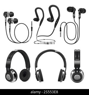 Auricolari realistici, cuffie wireless e con filo per musica. illustrazione vettoriale 3d isolata su sfondo bianco. Collezione di apparecchiature stereo auricolare, moderno dispositivo auricolare. Auricolari realistici, cuffie wireless e con filo per musica. illustrazione vettoriale 3d isolata su sfondo bianco Illustrazione Vettoriale