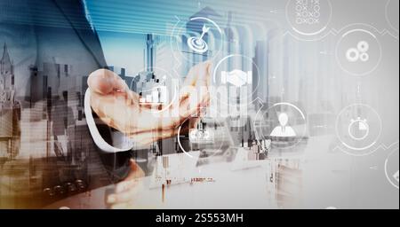 Gestione dei processi aziendali con diagramma di automazione del flusso di lavoro e ingranaggi in diagramma di flusso virtuale.uomo d'affari e città astratta come concetto Foto Stock