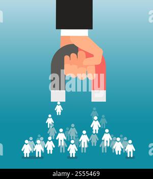 Generazione di lead. Il magnete in mano attira i consumatori. Vendite e lead, concetto di vettore di marketing. Magnet attira clienti e clienti, illustrazione dello sviluppo del marketing. Generazione di lead. Il magnete in mano attira i consumatori. Vendite e lead, concetto di vettore di marketing Illustrazione Vettoriale