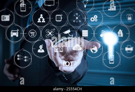 Internet delle cose (IOT) tecnologia con AR (Augmented Reality) sul cruscotto VR. business man con una mano aperta come mostrando qualcosa di concetto Foto Stock