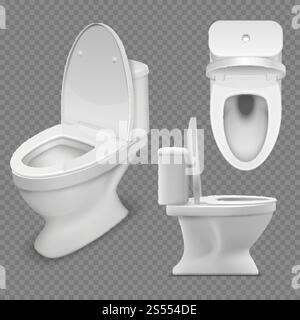 Ciotola del bagno. WC bianco realistico con vista dall'alto e laterale. Illustrazione vettoriale isolata. Il bagno era pulito e c'era un armadio in ceramica. Ciotola del bagno. WC bianco realistico con vista dall'alto e laterale. Illustrazione vettoriale isolata Illustrazione Vettoriale