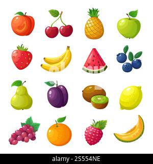 Frutta e frutti di bosco a cartoni animati. Set vettoriale isolato con pera di melone mandarino anguria mela e arancia. Illustrazione di pesca e ciliegia, ananas e mela, anguria e banana, mirtilli e limone. Frutta e frutti di bosco a cartoni animati. Set vettoriale isolato con pera di melone mandarino anguria mela e arancia Illustrazione Vettoriale