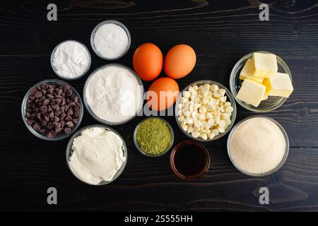Matcha Cheesecake Brownies ingredienti: Tè verde in polvere, cioccolato fondente, cioccolato bianco, formaggio spalmabile e molto altro su un tavolo di legno scuro Foto Stock