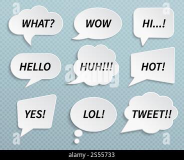 Bollicine vocali di carta. Parla cloud con ombre e messaggi di testo. Adesivi isolati vettoriali. Modello di tag per messaggi, carta per adesivi per comunicazioni. Bollicine vocali di carta. Parla cloud con ombre e messaggi di testo. Adesivi isolati vettoriali Illustrazione Vettoriale