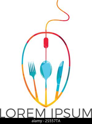 Disegni del logo dei vettori alimentari online. Logo di consegna per il ristorante online per l'ordinazione di cibo. Illustrazione Vettoriale