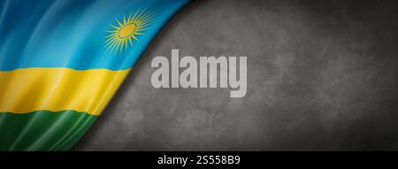 Bandiera del Ruanda su un muro di cemento. Striscione panoramico orizzontale. Illustrazione 3D. Bandiera del Ruanda su striscione da parete in cemento Foto Stock
