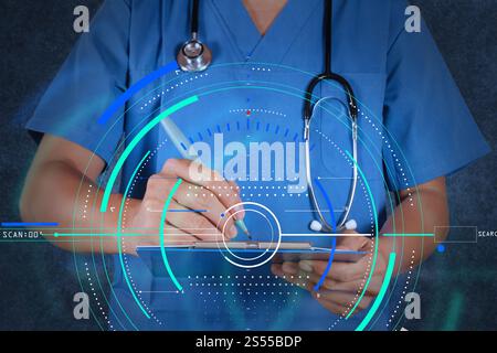 Una diagnosi accurata di trattamento appropriato concetto medico.medico con stetoscopio in scrittura su sfondo texture Foto Stock