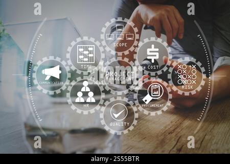Diagramma di gestione dei progetti di costo, tempo, ambito, risorse umane, rischi, qualità e comunicazione con le icone.uomo d'affari che utilizza la cuffia VoIP con Foto Stock
