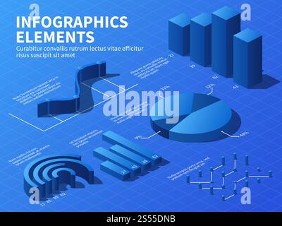 Infografica isometrica. grafici statistici 3d e grafici di crescita, diagrammi percentuali. Infografiche vettoriali per presentazioni aziendali. Modello di presentazione delle informazioni, illustrazione grafica del layout dei dati. Infografica isometrica. grafici statistici 3d e grafici di crescita, diagrammi percentuali. Infografiche vettoriali per presentazioni aziendali Illustrazione Vettoriale