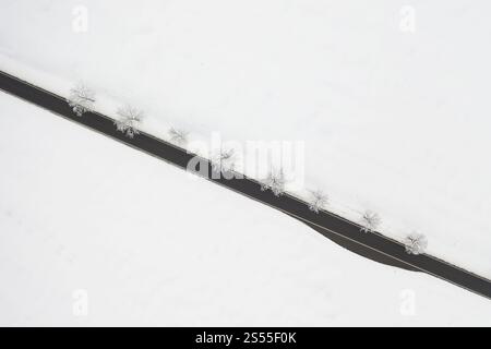 Vista aerea di una strada di campagna rettilinea sulla neve, vicino a Oederan, Sassonia, Germania, Europa Foto Stock