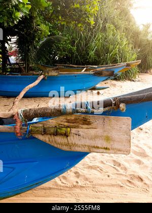 Foto ravvicinata di una pagaia in legno legata alla tradizionale barca in legno sullo Sri Lnaka. Immagine ravvicinata di una pagaia in legno legata alla tradizionale barca in legno Foto Stock