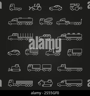 Trucks, cars, construction machines white line icons set isolated on black. Vector illustration. Trucks, cars, machines line icons of set Stock Vector