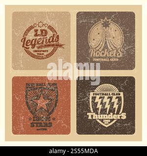 Grunge College Athletic Labels Collection, set di emblemi Varsity, badge vintage delle squadre sportive. Illustrazione vettoriale. Etichette atletiche grunge, emblemi di stile college, badge vintage delle squadre sportive Illustrazione Vettoriale