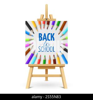 Concetto vettoriale di apprendimento e istruzione scolastica. Sfondo di ritorno a scuola con matite colorate 3d su cavalletto in legno isolato su sfondo bianco. Illustrazione di una scuola secondaria su cavalletto. Concetto vettoriale di apprendimento e istruzione scolastica. Sfondo di ritorno a scuola con matite colorate 3d su cavalletto in legno isolato su sfondo bianco Illustrazione Vettoriale