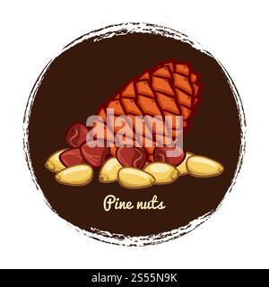 Cono di pino con dadi. Illustrazione vettoriale del logo di pinoli disegnata a mano isolata su sfondo bianco. Cono di pino con dadi. Illustrazione vettoriale di pinoli disegnati a mano Illustrazione Vettoriale