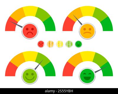 Emozioni umore in scala con cute facce piatte isolate su sfondo bianco. Feedback emozionale, umore sorriso felice, illustrazione vettoriale. Emozioni umore in scala con cute facce piatte isolate su sfondo bianco Illustrazione Vettoriale