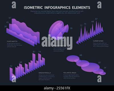 Elementi infografici isometrici. Grafici aziendali, grafici di dati statistici e diagrammi a barre finanziari. set di vettori infografici 3d. Illustrazione della visualizzazione 3d viola, business statistico. Elementi infografici isometrici. Grafici aziendali, grafici di dati statistici e diagrammi a barre finanziari. set di vettori infografici 3d. Illustrazione Vettoriale