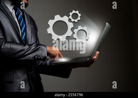 Imprenditore può contenere notebook con impostazione icona simbolo. Foto Stock