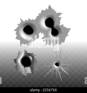 Incrinature sul vetro del foro proiettile danneggiato e isolamento di metallo o parete su un bersaglio vettoriale trasparente o un colpo d'arma da fuoco o distruzione del mirino e. Foto Stock