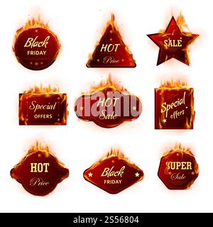 Promozione speciale Black Friday: Le icone isolate segnalano la riduzione dei prezzi dei vettori di fuoco e l'azione dei negozi e dei supermercati a prezzi scontati e un'offerta speciale Foto Stock