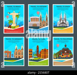 Disegna il modello di varie carte di viaggio con illustrazioni di famosi monumenti. Vettore filippino e cuba, germania e spagna, vietnam e brasile. Disegna il modello di varie carte di viaggio con illustrazioni di famosi monumenti Illustrazione Vettoriale