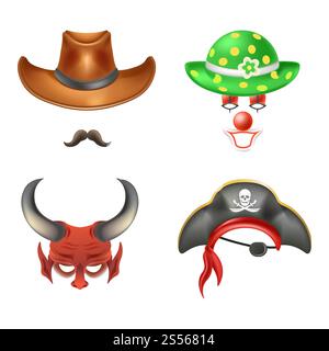 Video chat facce divertenti icone modello effetto maschera per i filtri selfie. Set isolato piatto vettoriale.. Effetti di chat video volti di animali impostati Illustrazione Vettoriale