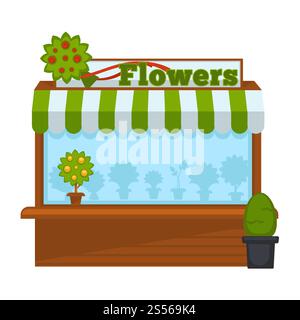 Stand di vendita di fiori o stand di legno per il mercato dei fiori. Icona piatta isolata vettoriale di fiori e piante distributore automatico con tetto di tende. Stand dei fornitori di fiori o mercato dei fiori stand in legno design piatto vettoriale icona isolata Illustrazione Vettoriale