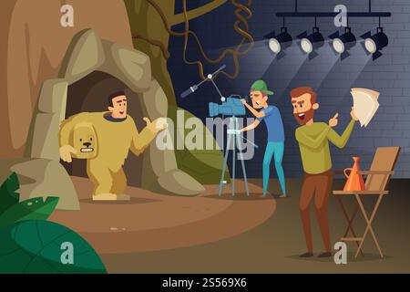 Produzione cinematografica professionale. Videografo e attori. Film di produzione, industria cinematografica professionale. Illustrazione vettoriale. Produzione cinematografica professionale. Videografo e attori Illustrazione Vettoriale