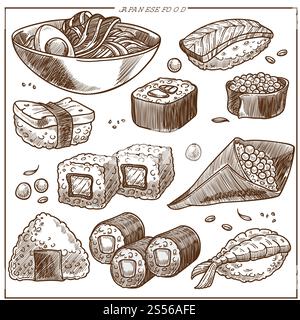 La cucina giapponese abbozza piatti tradizionali icone. Set vettoriale di sushi roll, gamberi tempura o gamberi e riso di pesce, noodles miso e tofu con pesce di salmone o involtini primavera e caviale. La cucina giapponese disegna icone vettoriali un set di sushi, noodel e piatti tradizionali Illustrazione Vettoriale