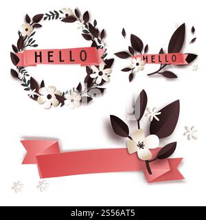 Rami e nastri floreali, elementi decorativi, vettore di inviti o biglietti d'auguri. Modello di design, matrimonio o San Valentino, vacanze primaverili. Foto Stock