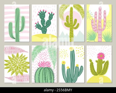 Modello di schede con immagini dei cactus. Cactus vettoriale con fiore in un'illustrazione di piante tropicali di colore retrò. Modello di schede con immagini dei cactus Illustrazione Vettoriale