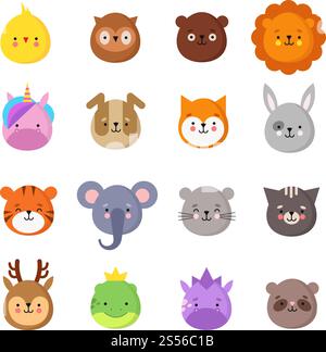 Animals manga sorride. Simpatici kawaii baby Animal emoticon. Drago unicorno, tigre elefante, leone e gufo. Divertenti avatar vettoriali isolati. Illustrazione di cane e pulcino, gufo e orso. Animals manga sorride. Simpatici kawaii baby Animal emoticon. Drago unicorno, tigre elefante, leone e gufo. Divertenti avatar vettoriali isolati Illustrazione Vettoriale