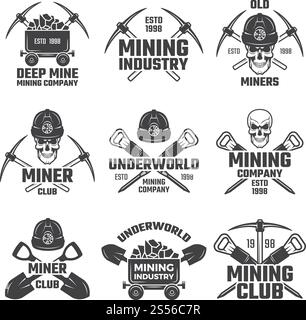 Oro industriale e varie miniere minerarie. Set vettoriale etichette nere. Emblema minerario della miniera, club sotterraneo, illustrazione dell'estrazione mineraria dell'azienda. Oro industriale e varie miniere minerarie. Set vettoriale etichette nere Illustrazione Vettoriale