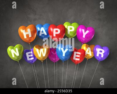Palloncini colorati a forma di cuore per il nuovo anno su sfondo di cemento scuro. Rendering illustrazione 3D. L'aria colorata e felice del nuovo anno a forma di cuore Foto Stock