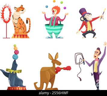 Personaggi dei cartoni animati Circus. Le mascotte vettoriali isolano su bianco. Spettacolo di cartoni animati, fumetti e divertente canguro, illustrazione di tamer e scimmie. Personaggi dei cartoni animati Circus. Le mascotte vettoriali isolano su bianco Illustrazione Vettoriale