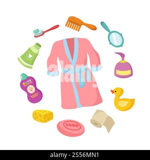 Accessori per il bagno, set vettoriale di cartoni animati. Illustrazione dell'igiene del bambino isolata su sfondo bianco. Accessori per il bagno, set vettoriale di cartoni animati. Igiene del bambino Illustrazione Vettoriale