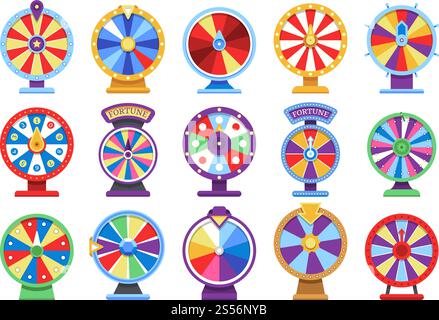 Set di icone Fortune Wheels Flat. Gira i simboli del gioco del denaro del casinò della ruota fortunata. Gioco della ruota della fortuna, gioco di roulette. Illustrazione vettoriale. Set di icone Fortune Wheels Flat. Gira i simboli del gioco del denaro del casinò della ruota fortunata Illustrazione Vettoriale