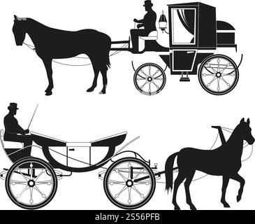 Carrozze d'epoca con cavalli. Immagini vettoriali di un trasporto da favola retrò. Illustrazione carrello antico, diligenza con silhouette nera coachman. Carrozze d'epoca con cavalli. Immagini vettoriali di un trasporto da favola retrò Illustrazione Vettoriale